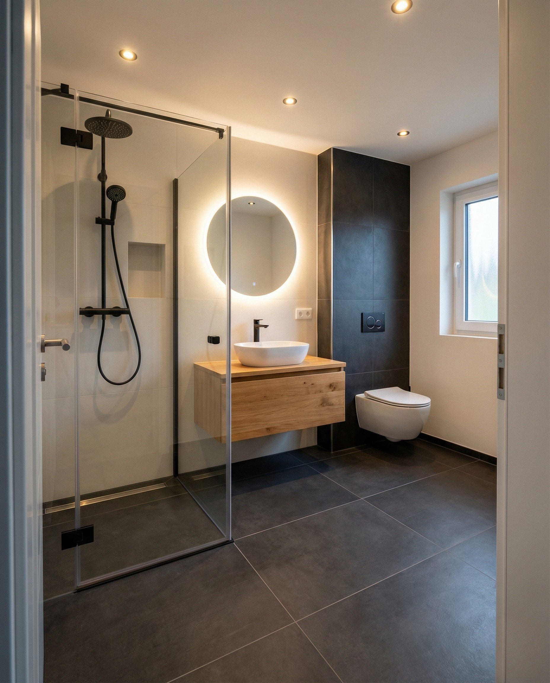 Moderne Badsanierung mit Walk-in Dusche und LED Spiegel